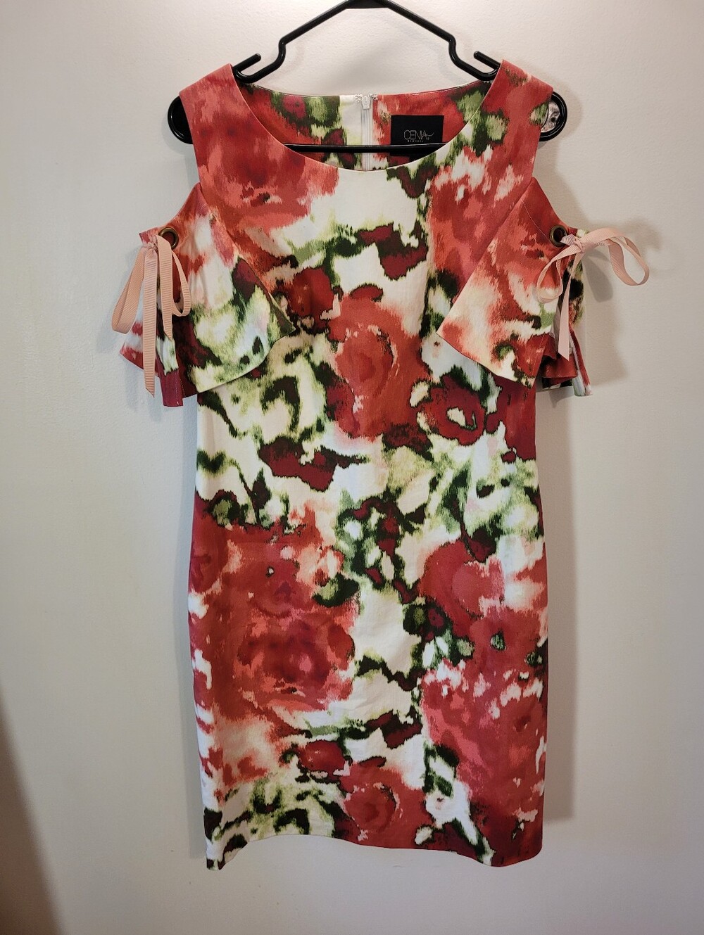 Cenia New York Coral Green Floral Watercolor Cold-Shoulder Midi Dress - Size 8